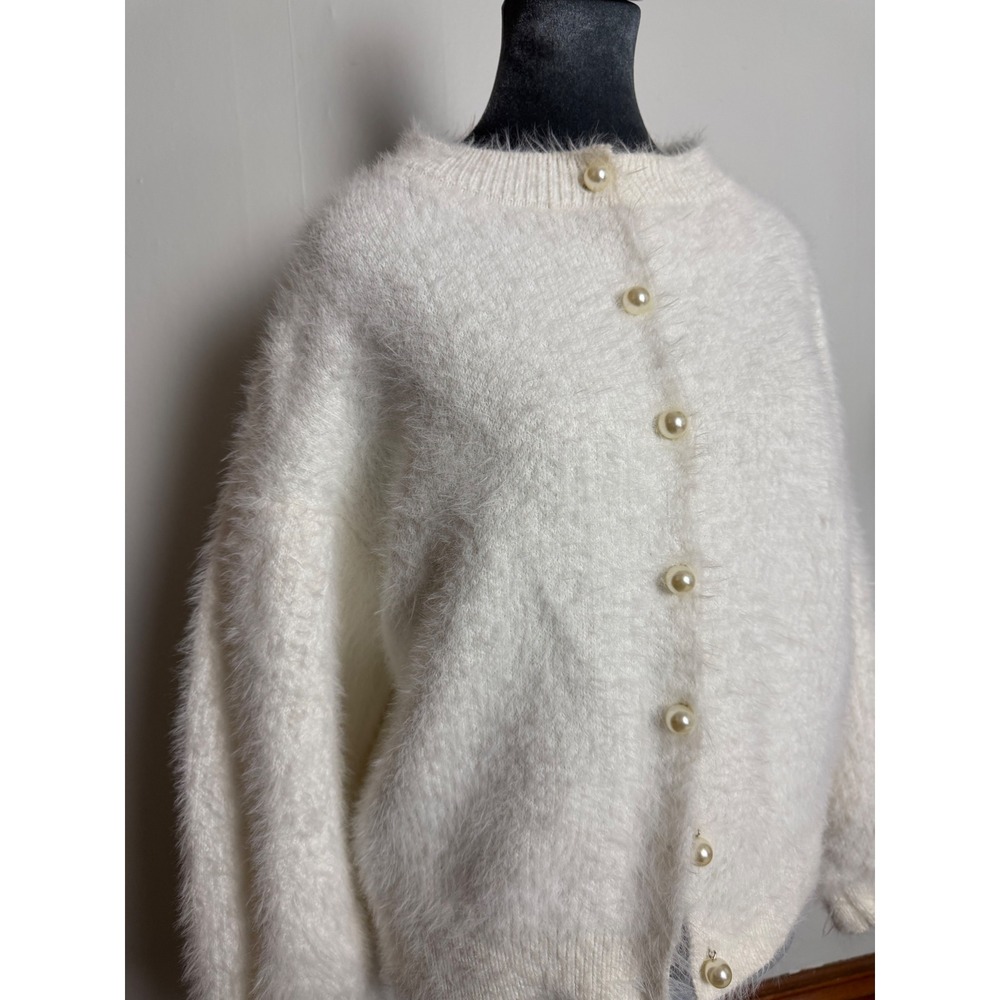 Vita Grace white Fuzzy Knit Cardigan Pearl Button Eyelash Sweater academia